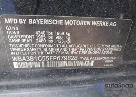 2014 BMW 320I из США, поврежденный, VIN WBA3B1C55EP679828